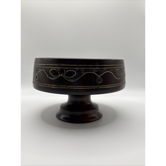 Other - Hand Carved Wooden Pedistal Bowl With Metal Inlay